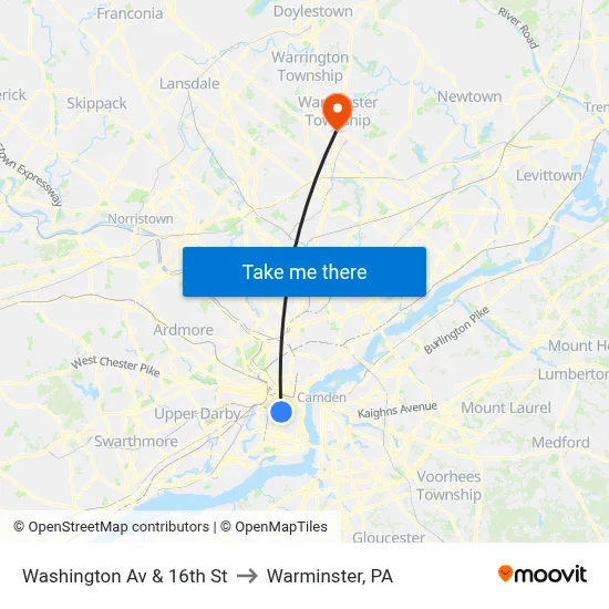 Washington Av & 16th St to Warminster, PA map