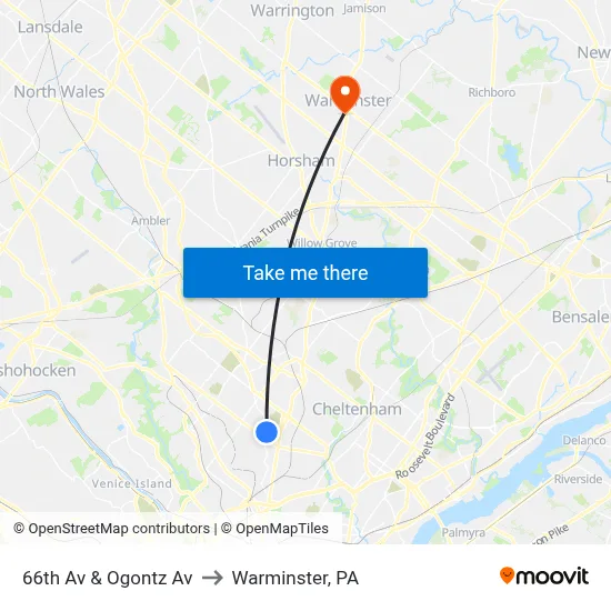 66th Av & Ogontz Av to Warminster, PA map