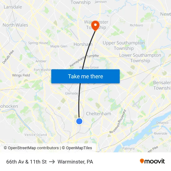 66th Av & 11th St to Warminster, PA map