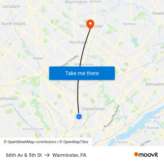66th Av & 5th St to Warminster, PA map
