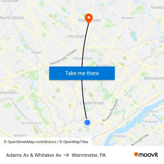 Adams Av & Whitaker Av to Warminster, PA map