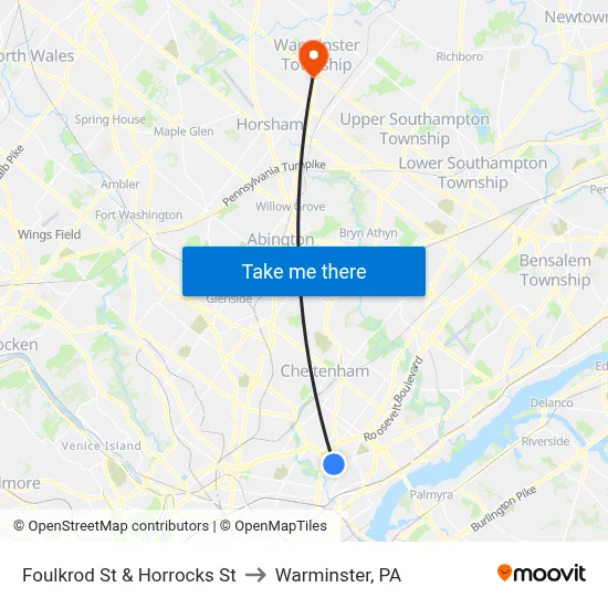 Foulkrod St & Horrocks St to Warminster, PA map
