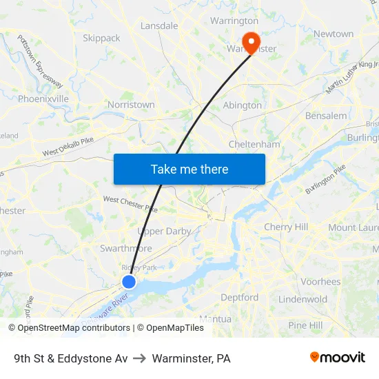 9th St & Eddystone Av to Warminster, PA map