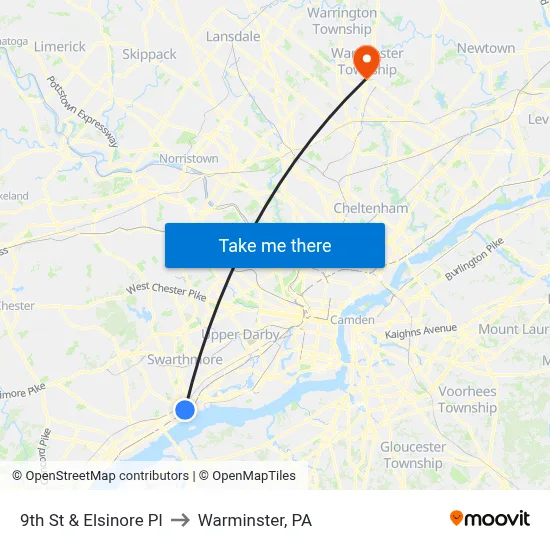 9th St & Elsinore Pl to Warminster, PA map