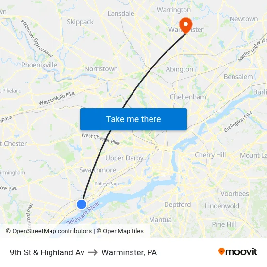 9th St & Highland Av to Warminster, PA map