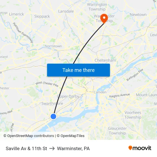 Saville Av & 11th St to Warminster, PA map