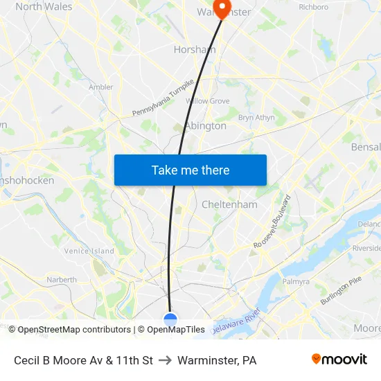 Cecil B Moore Av & 11th St to Warminster, PA map