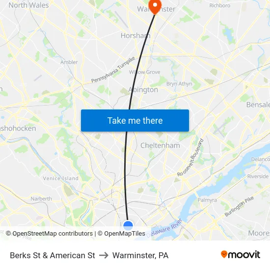 Berks St & American St to Warminster, PA map