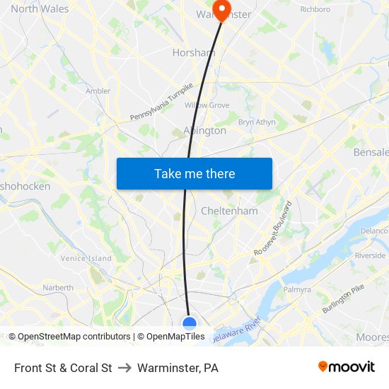 Front St & Coral St to Warminster, PA map