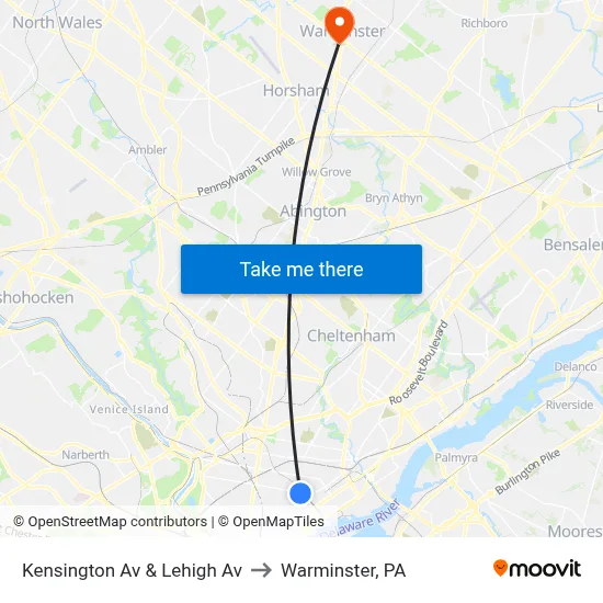 Kensington Av & Lehigh Av to Warminster, PA map