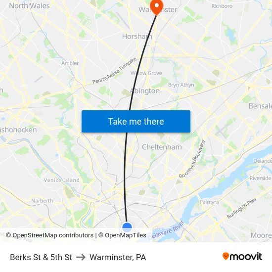 Berks St & 5th St to Warminster, PA map