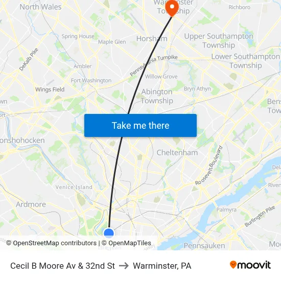 Cecil B Moore Av & 32nd St to Warminster, PA map