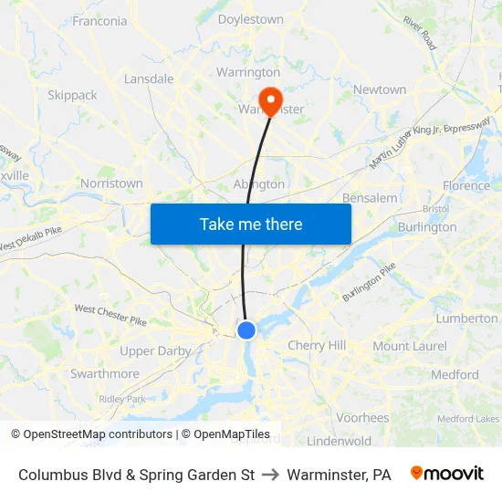 Columbus Blvd & Spring Garden St to Warminster, PA map