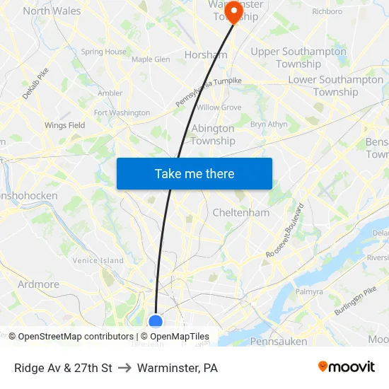 Ridge Av & 27th St to Warminster, PA map