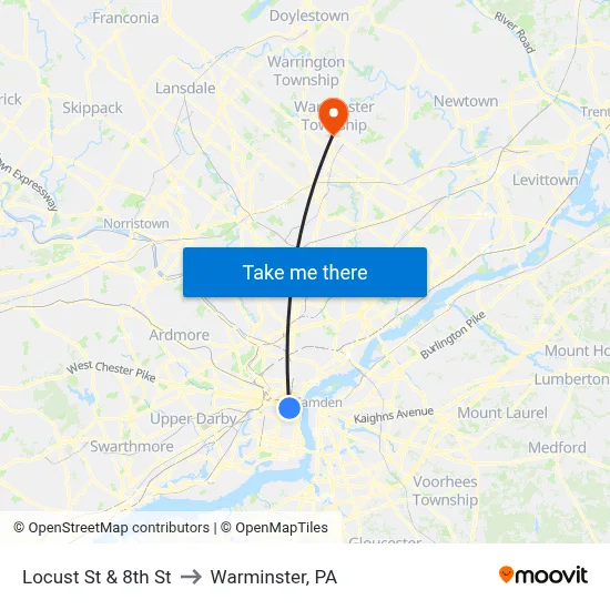 Locust St & 8th St to Warminster, PA map
