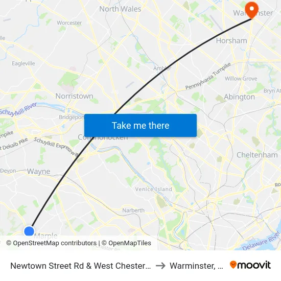 Newtown Street Rd & West Chester Pk to Warminster, PA map