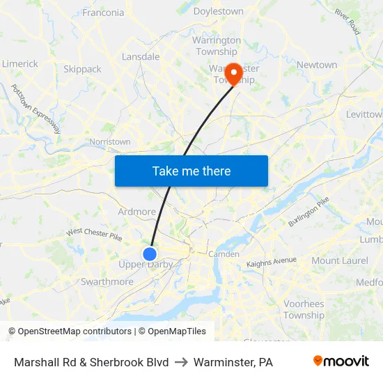 Marshall Rd & Sherbrook Blvd to Warminster, PA map