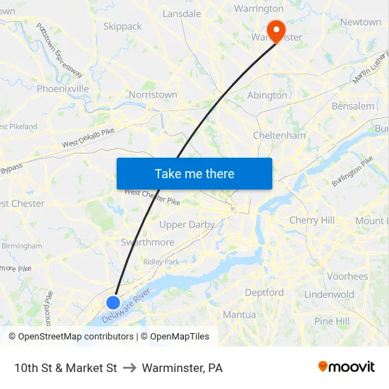 10th St & Market St to Warminster, PA map