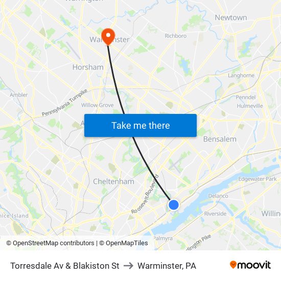 Torresdale Av & Blakiston St to Warminster, PA map