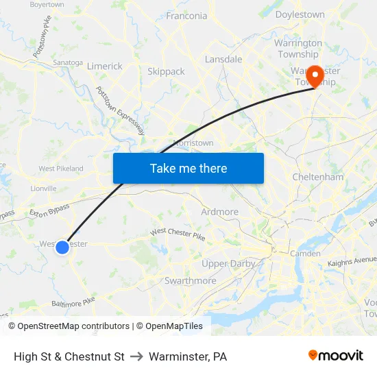 High St & Chestnut St to Warminster, PA map