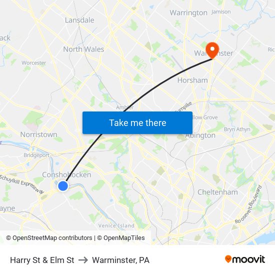 Harry St & Elm St to Warminster, PA map