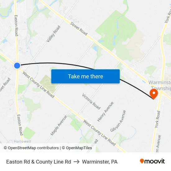Easton Rd & County Line Rd to Warminster, PA map