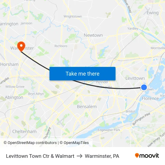 Levittown Town Ctr & Walmart to Warminster, PA map