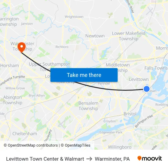 Levittown Town Center & Walmart to Warminster, PA map