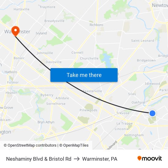 Neshaminy Blvd & Bristol Rd to Warminster, PA map