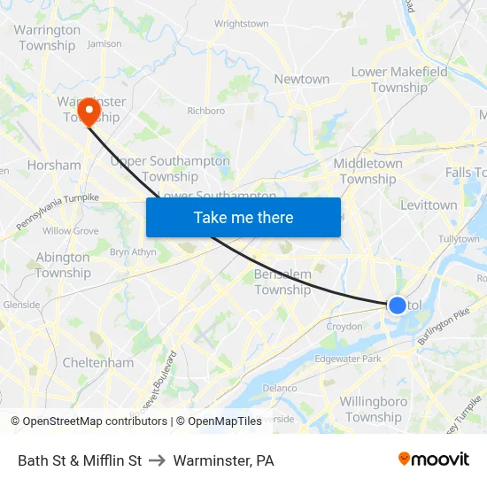 Bath St & Mifflin St to Warminster, PA map