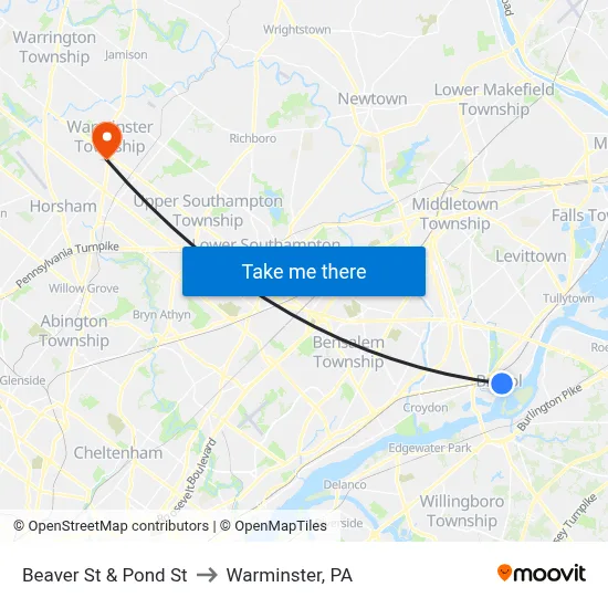 Beaver St & Pond St to Warminster, PA map