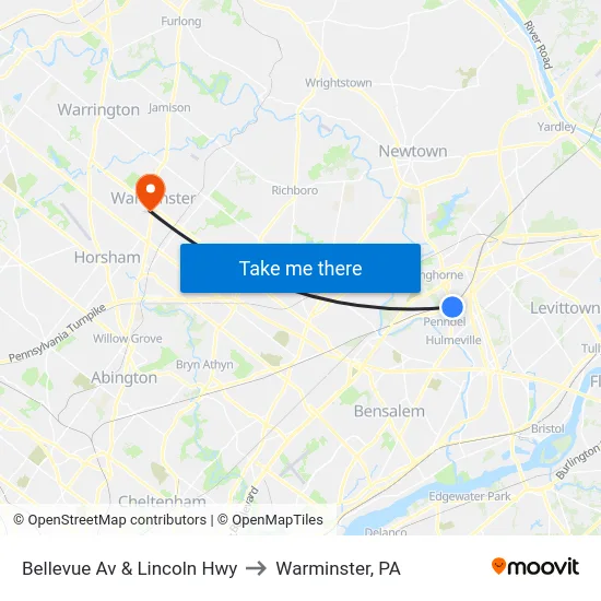 Bellevue Av & Lincoln Hwy to Warminster, PA map