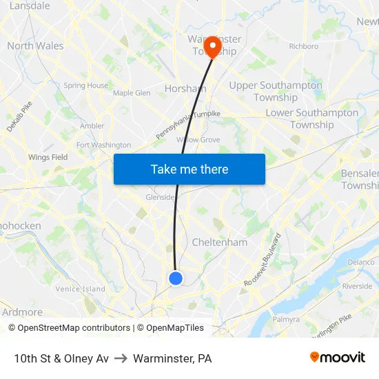 10th St & Olney Av to Warminster, PA map
