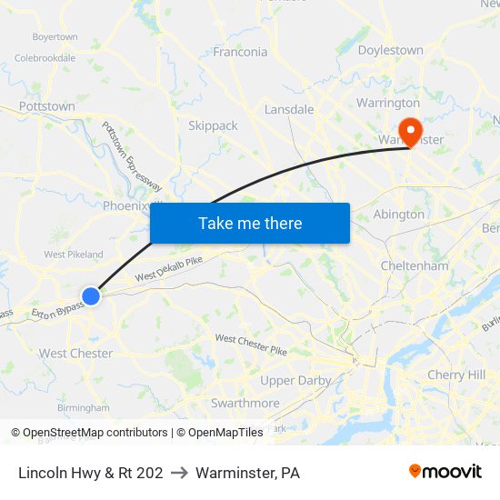 Lincoln Hwy & Rt 202 to Warminster, PA map