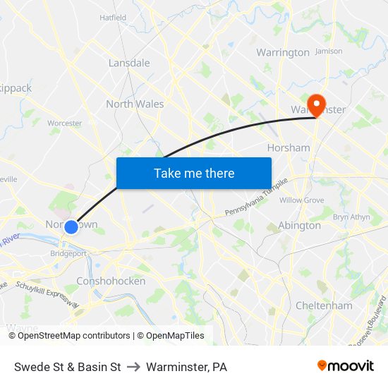 Swede St & Basin St to Warminster, PA map