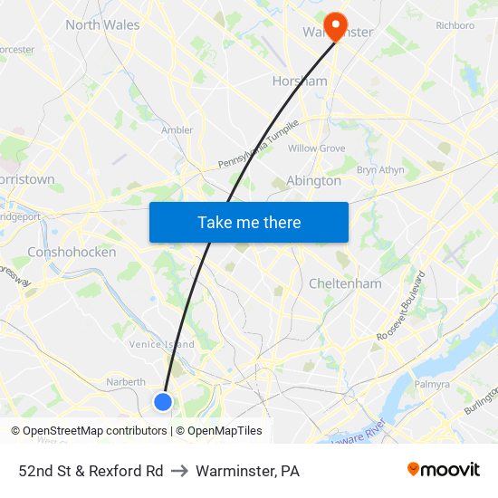 52nd St & Rexford Rd to Warminster, PA map