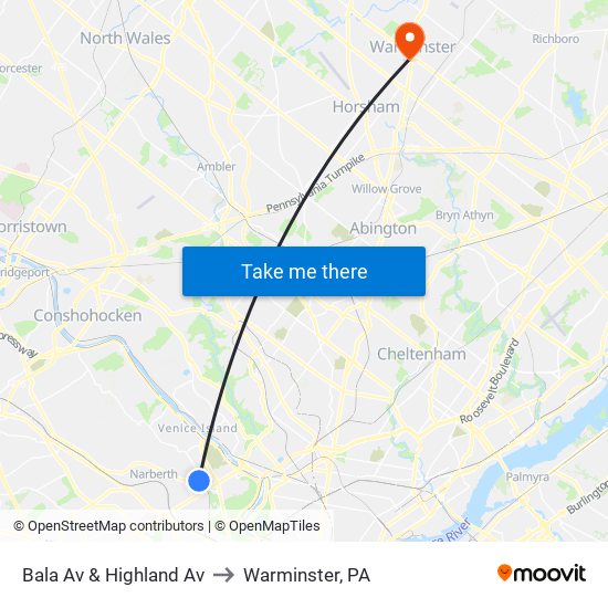 Bala Av & Highland Av to Warminster, PA map