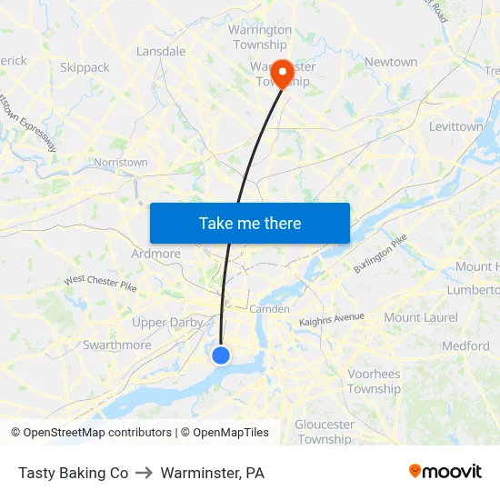 Tasty Baking Co to Warminster, PA map