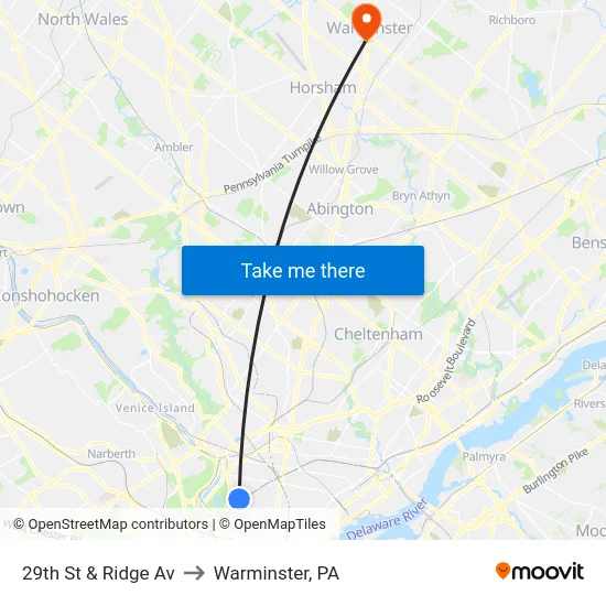 29th St & Ridge Av to Warminster, PA map