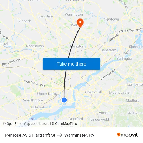 Penrose Av & Hartranft St to Warminster, PA map