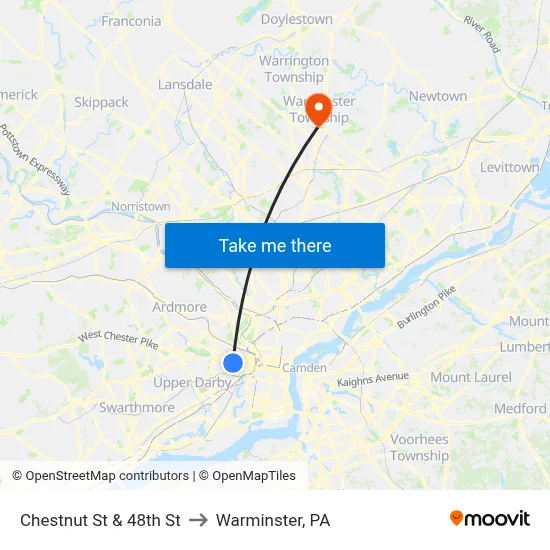 Chestnut St & 48th St to Warminster, PA map