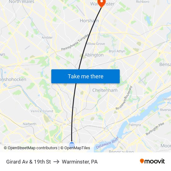 Girard Av & 19th St to Warminster, PA map