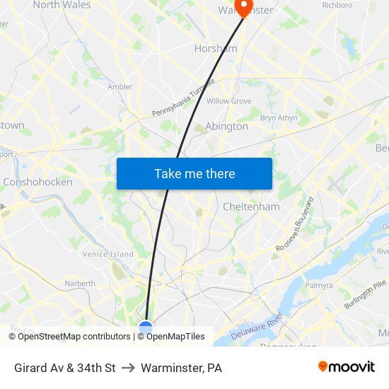 Girard Av & 34th St to Warminster, PA map
