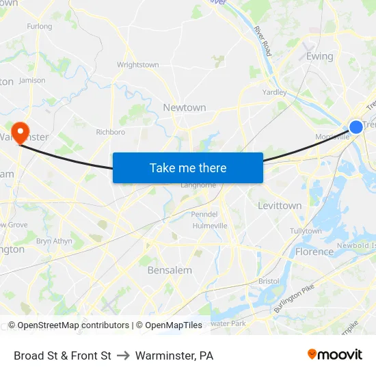 Broad St & Front St to Warminster, PA map