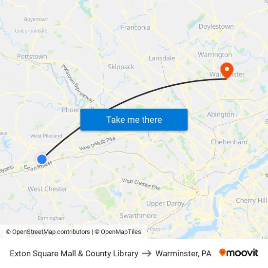 Exton Square Mall & County Library to Warminster, PA map