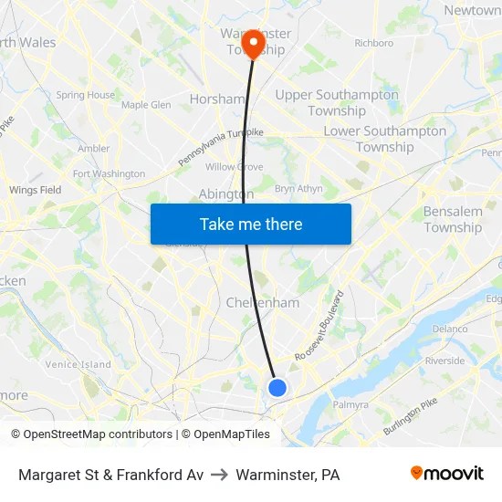 Margaret St & Frankford Av to Warminster, PA map