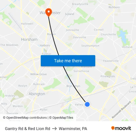 Gantry Rd & Red Lion Rd to Warminster, PA map