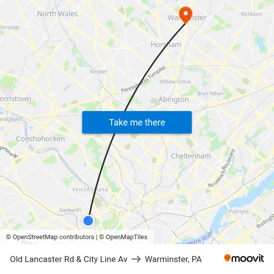 Old Lancaster Rd & City Line Av to Warminster, PA map