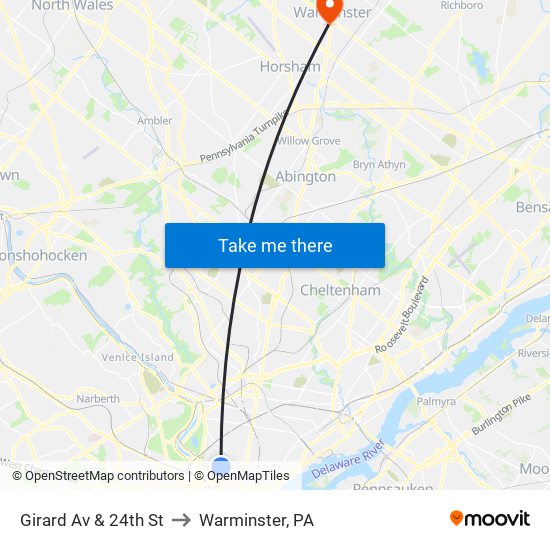 Girard Av & 24th St to Warminster, PA map