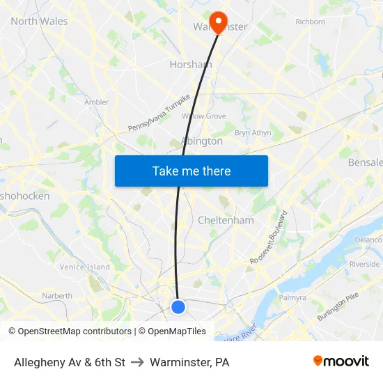 Allegheny Av & 6th St to Warminster, PA map